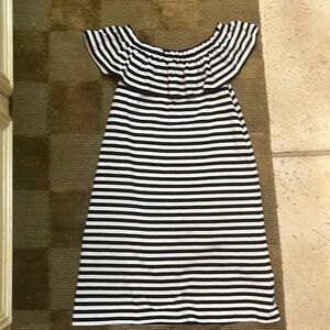 Kate Spade black and white striped ruffle off the shoulder shift dress